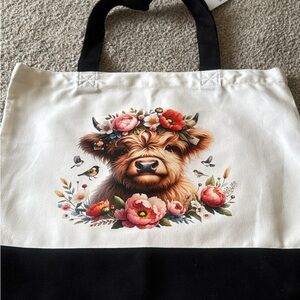 Canvas Floral Highland Cow Tote Bag - White and Black